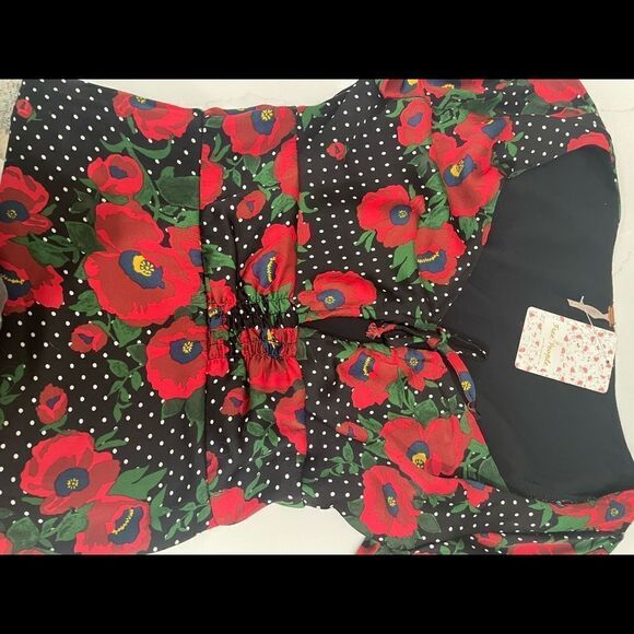 FREE PEOPLE Red Poppy Polka Dot Long Sleeve Smocked Keyhole Mini Dress NWT! - Picture 8 of 9